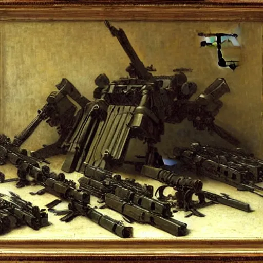 Image similar to Still life of a combat mech surrounded by its weapons, by Henri Fantin-Latour