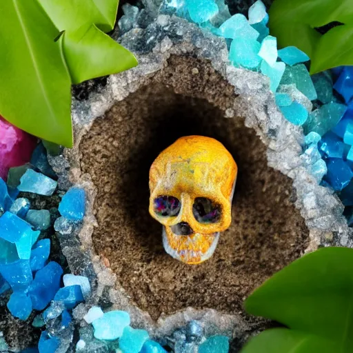 Prompt: photorealistic tiny dinosaur skeleton inside a geode of colored crystals