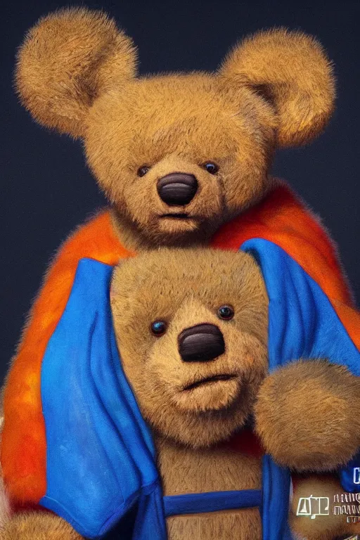 Image similar to teddy bears painted by Van der Weyden, vivid colors, high details, cinematic, 8k resolution, beautiful detailed, photorealistic, digital painting, artstation, concept art, smooth, sharp focus, illustration, fantasy background, artstation trending, octane render, unreal engine