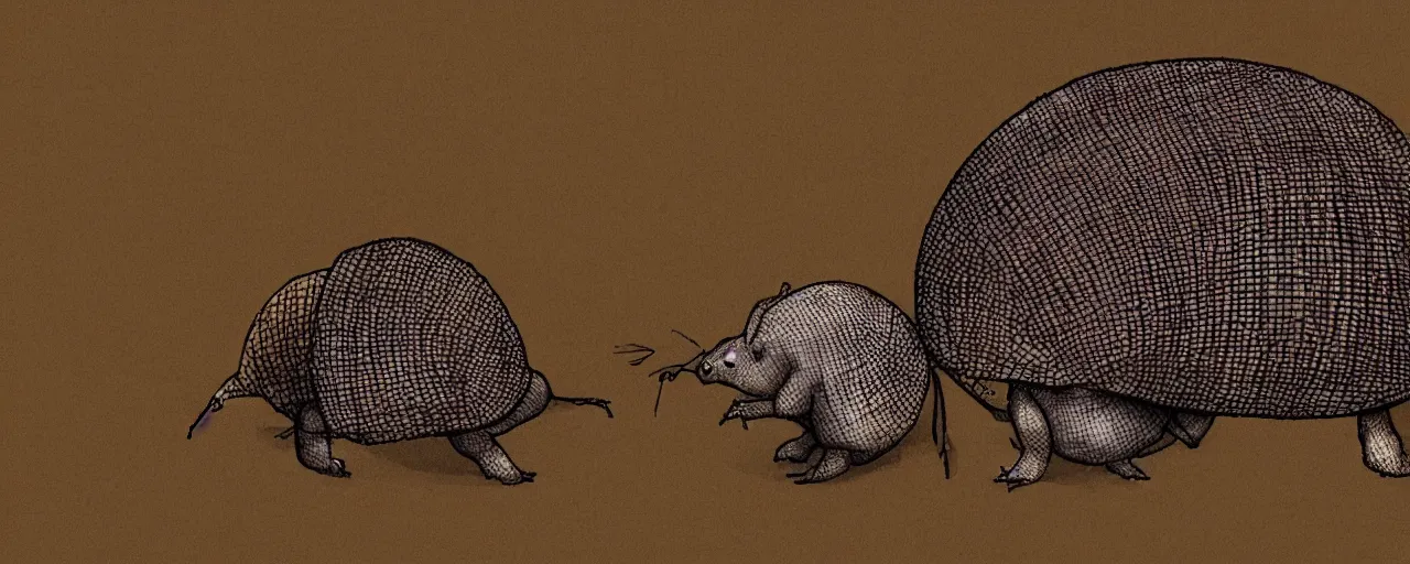 Prompt: one armadillo with a brown hat dancing happily standing on its two hind legs, cartoon style