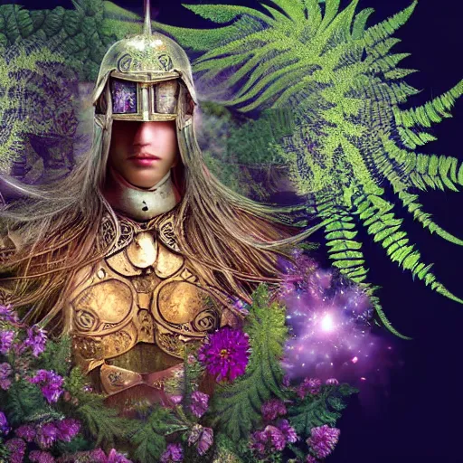 Image similar to a male knight, stern face, clear eyes, shining armour made of steel and flowers, and fractal flowery hair in a fractal garden, glowing delicate flower, berries and ferns that grow in a dark fantasy forest, full frame,