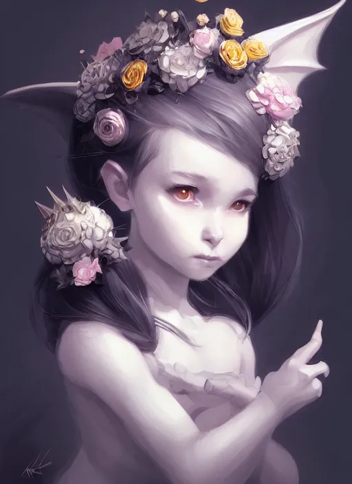 Prompt: cute baby dragon, black, white, blue, pink and gold color scheme, flowers, cool, highly detailed, artgerm, cushart krenz, artstation, soft light, sharp focus, illustration, character design, concept art