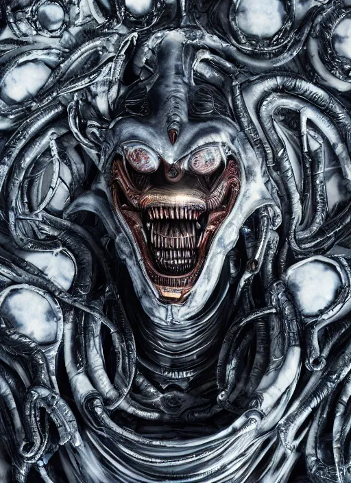 Image similar to engineer prometheus, xenomorph alien, highly detailed, symmetrical long head, smooth marble surfaces, detailed ink illustration, raiden metal gear, cinematic smooth stone, deep aesthetic, concept art, post process, 4k, carved marble texture and silk cloth, latex skin, highly ornate intricate details, prometheus, evil, moody lighting, hr geiger, hayao miyazaki, indsutrial Steampunk