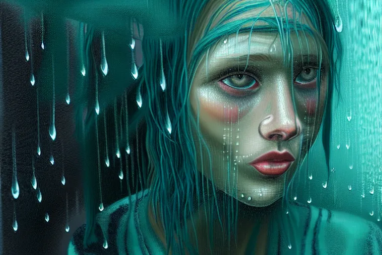 Image similar to girl in rain with wet hair and face, teal, fantasy, intricate, elegant, dramatic lighting, emotionally evoking symbolic metaphor, highly detailed, lifelike, photorealistic, digital painting, artstation, concept art, smooth, sharp focus, illustration, art by John Collier and Albert Aublet and Krenz Cushart and Artem Demura and Alphonse Mucha