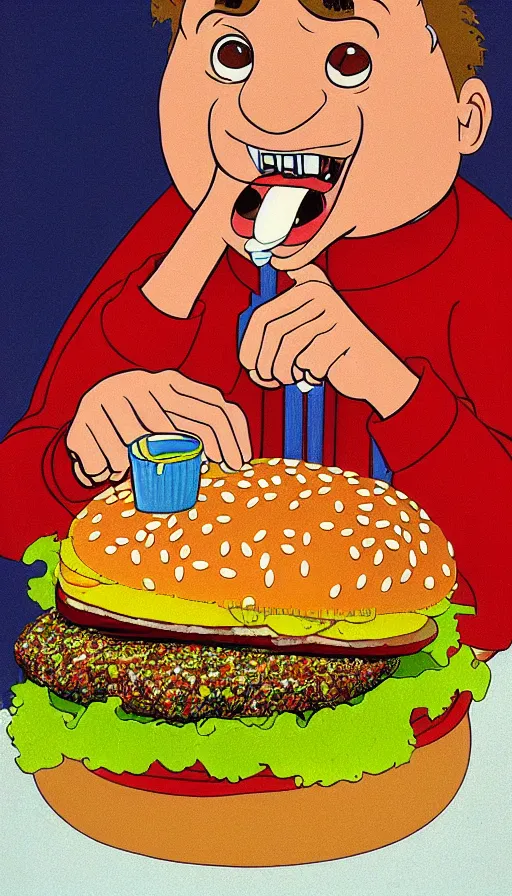 Image similar to nickelodeons doug eating a hamburger 1 9 9 1. portrait by jean giraud and anton otto fischer