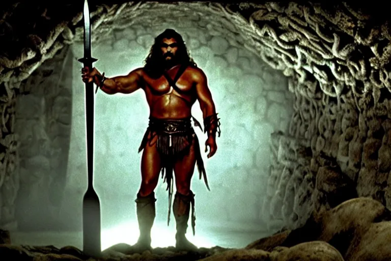 Prompt: film still from conan the barbarian, jason momoa as conan holding a giant sword with both hands above his head, in the catacombs of evil, fantasy armor, volumetric lighting, mist, wet skin and windblown hair, muscular!!!, heroic masculine pose, ridley scott