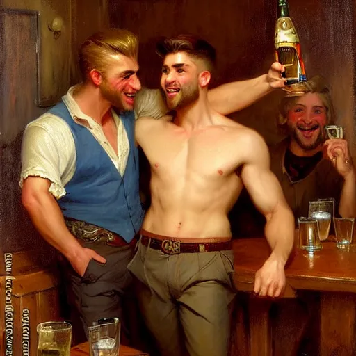 Prompt: attractive maculine male with brunet hair and attractive masculine male with blond hair. pants and shorts, drinking their hearts out, having fun, in a pub. highly detailed and very defined painting by gaston bussiere, j. c. leyendecker, craig mullins 8 k