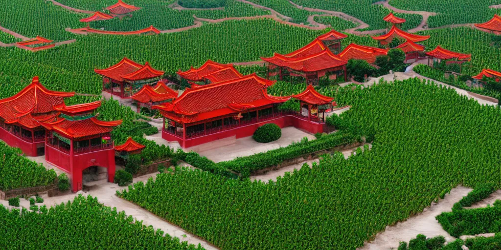 Image similar to A Chinese style winery with red walls and a green roof. The vineyards are sprawling and green, with a river winding through them. In the distance, there are mountains. by zhang zeduan, painting on silk, mi fu, immaculate scale, hyper-realistic, Unreal Engine, Octane Render, digital art, trending on Artstation, 8k, detailed, atmospheric, immaculate