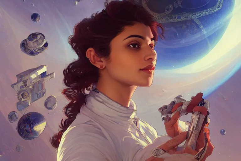 Image similar to Sensual good looking pale young Indian doctors wearing jeans in a space station above Earth, portrait, elegant, intricate, digital painting, artstation, concept art, smooth, sharp focus, illustration, art by artgerm and greg rutkowski and alphonse mucha