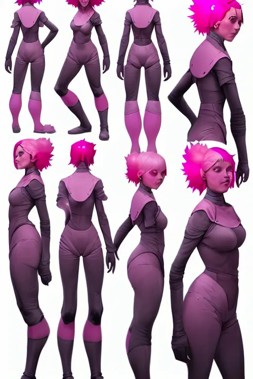 Prompt: character sheet for a pink haired female for demobaza futuristic fashion impact by craig mullins, by studio ghibli, digital art, trending on artstation, hd, 8 k, highly detailed, good lighting, beautiful, masterpiece