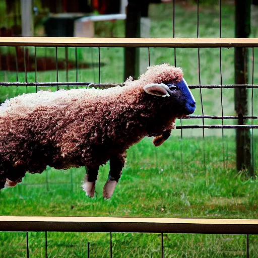 Image similar to Electric Sheep, leaping over a fence.