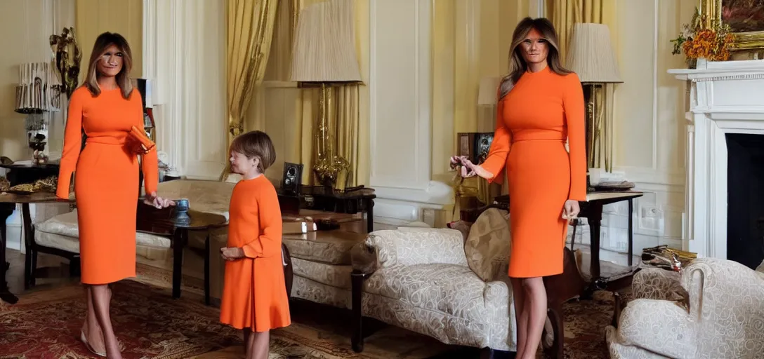 Prompt: melania trump pointing to a safe while reading a magazine in her home, wearing an orange dress, photograph,