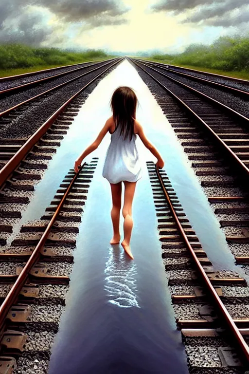 Prompt: a barefoot girl carries her shoes on reflective water and faintly visible submerged train tracks, water covers all the ground, large white clouds on a wide horizon, intricate, elegant, highly detailed, digital photo, artstation, concept art, smooth, sharp focus, low angle photo, art by artgerm and greg rutkowski and fra angelico