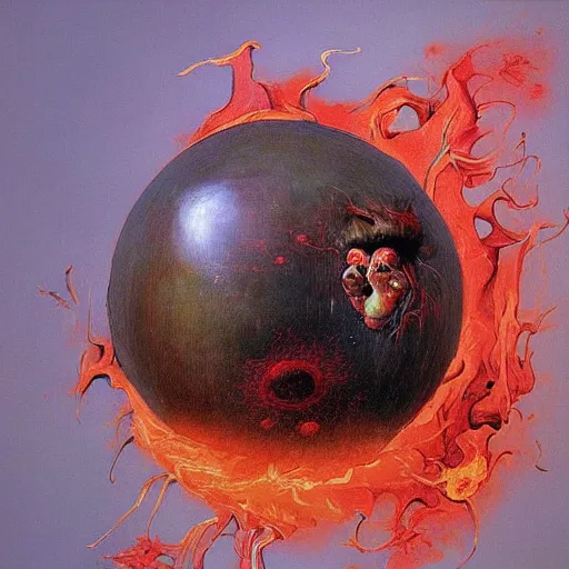 Image similar to a sphere being devoured by abstract splatters of paint in the style of francis bacon, venus being engulfed in flames in the style of james jean, surreal, beksinski, high detailed