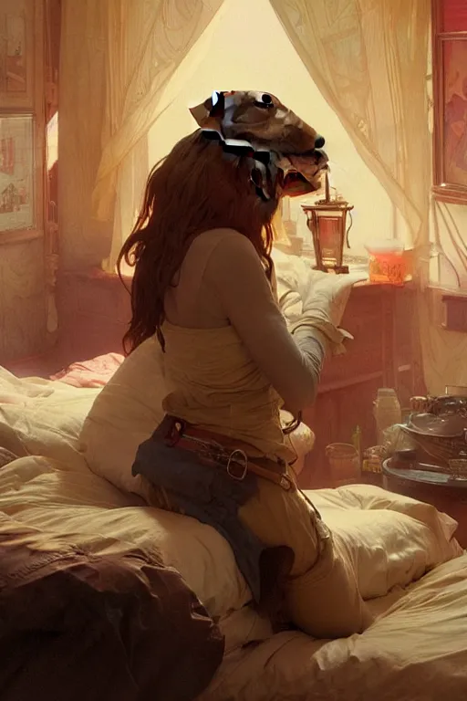 Image similar to groundhog cooking heroin lies on the bed, realistic portrait, highly detailed, digital painting, artstation, concept art, smooth, sharp focus, illustration, cinematic lighting, art by artgerm and greg rutkowski and alphonse mucha