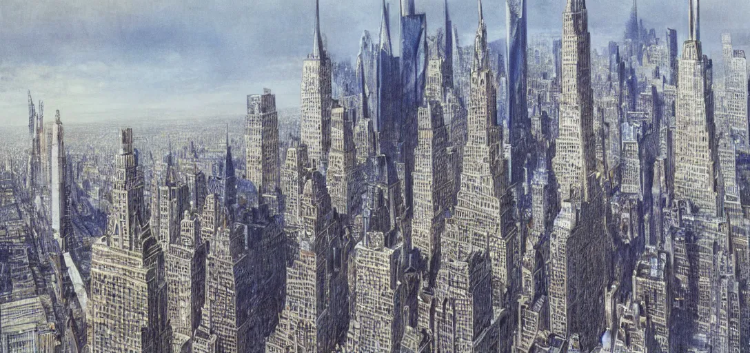 Image similar to Futuristic landscape of New York City in the year 2050 by Alan Lee