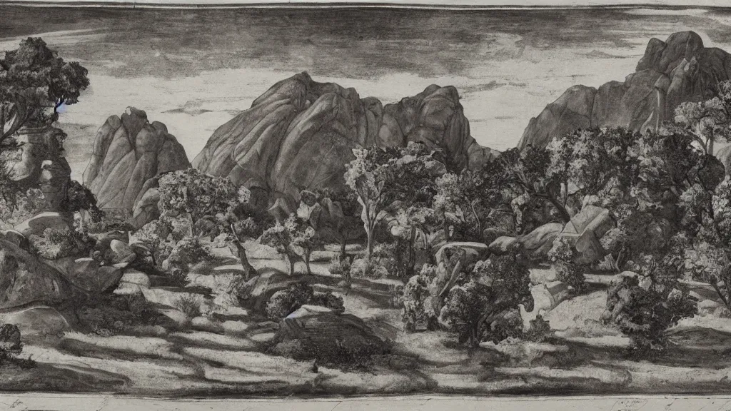 Prompt: a medieval chiaroscuro lithograph of a colossal granite sculpture garden by kurt seligmann and edward steichen, on a lawn, distant mountains, the merely beautiful bore me to death