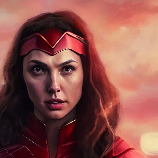 Image similar to a potrait of Gal Gadot as Scarlet witch by Greg Rutkowski, Sung Choi, Mitchell Mohrhauser, Maciej Kuciara, Johnson Ting, Maxim Verehin, Peter Konig, 8k photorealistic, cinematic lighting, HD, high details, dramatic, trending on artstation, full body shot