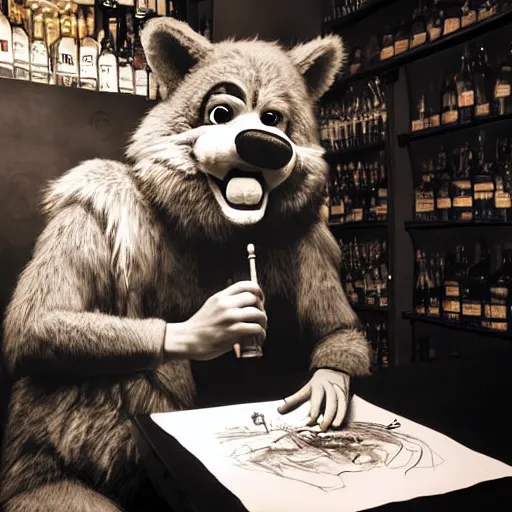 Image similar to photo portrait of drunk hobo artist drawing furries for booze, symmetry, awesome exposition, very detailed, highly accurate, intricate, professional lighting diffracted lightrays, 8 k, sense of awe