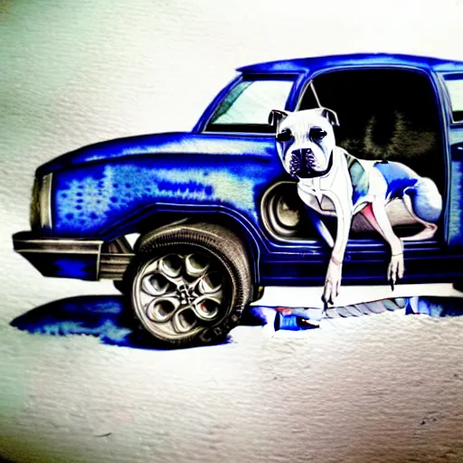 Image similar to an intricate watercolor of a beautiful velvet grey pit bull inside of a blue car, hyper detailed, intricate, sepia background, surrealism, grumpy