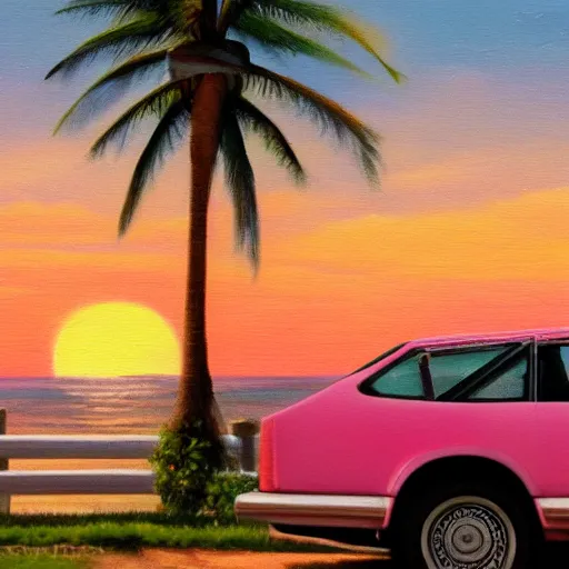 Image similar to an old white 1 9 8 0 s car parked off the road, sunset, ocean in distance, pink, oil painting, pale colors, high detail, 8 k, wide angle, trending on artstation,