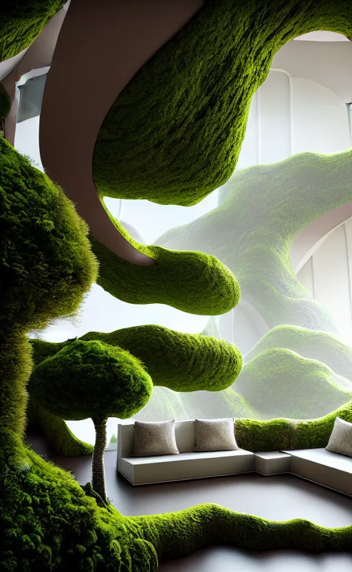 Image similar to highly detailed villa natural beautiful light interior soft cinematic composition of a smooth ceramic porcelain biomorphic magnolia stone nebula fluid sci - fi surreal architecture landscape, furniture, granite, trees, marble, moss, lichen, fungi, vincent callebaut composition, mamou - mani, archviz, 8 k, unreal engine, hdr