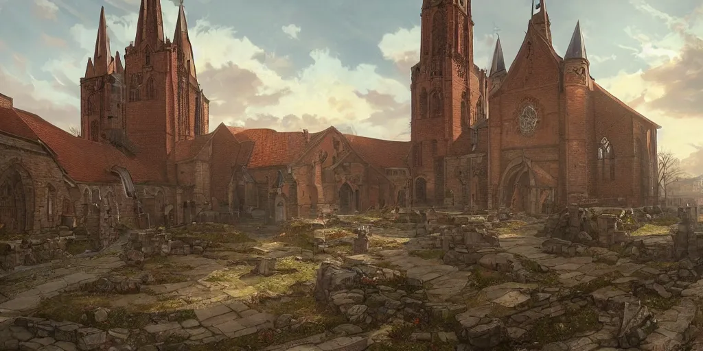 Prompt: empty medieval port town large church top of a small hill in the center of town. imposing brick facade and a tall spire pokemon sword and sheild, bright future, social realism, highly detailed, digital painting, artstation, concept art, matte, sharp focus, illustration, art by artgerm and greg rutkowski and alphonse mucha