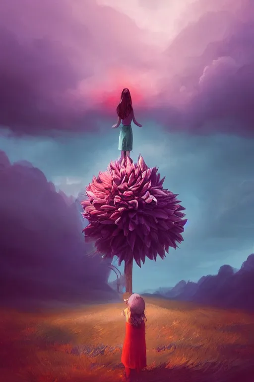 Image similar to closeup giant dahlia flower as head, girl standing on mountain, surreal photography, blue storm clouds, dramatic light, impressionist painting, digital painting, artstation, simon stalenhag