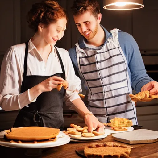 Prompt: one young man and one young woman baking waffles, romantic lighting, digital art