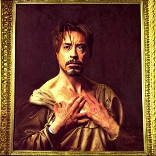 Image similar to robert downey jr, renaissance painting, highly detailed, colorful