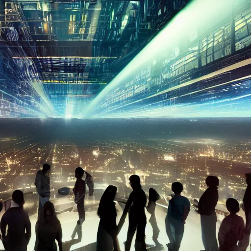 Prompt: large group people in a huge warehouse, looking at hologram of futuristic city on a table | cinematic concept art | godrays | 4 k | clear details | tabletop buildings | tabletop | hologram foreground