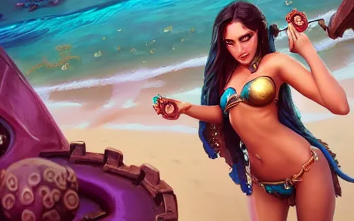 Image similar to portrait of woman sorceress wearing a bikini that is two octopuses, league of legends splash art, hearthstone splash art, full body shot, rule of thirds, ultrafine hyperrealistic detailed face, artgerm, greg rutkowski, trending on artstation, 8 k, intricately detailed, highly detailed