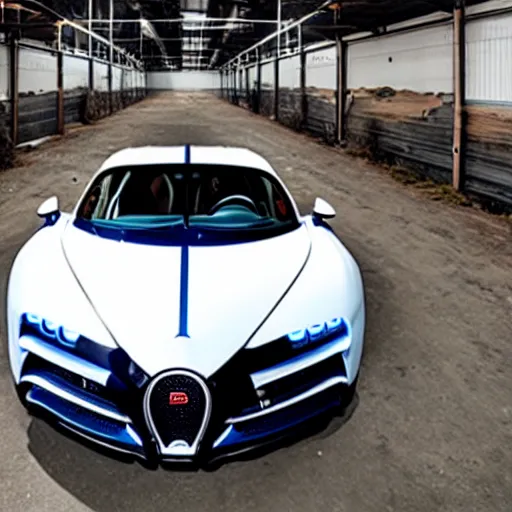 Image similar to an abandoned, derelict, rusty bugatti chiron in a dirty warehouse