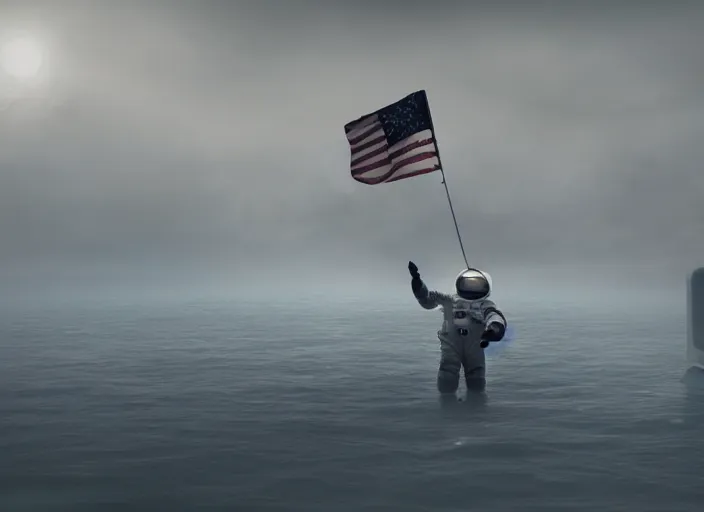 Image similar to astronaut holding a flag in an underwater desert. a submarine is visible in the distance. dark, concept art, cinematic, dramatic, atmospheric, 8 k, trending on artstation, blue, fish, low visibility, fog, ocean floor, christopher nolan, interstellar