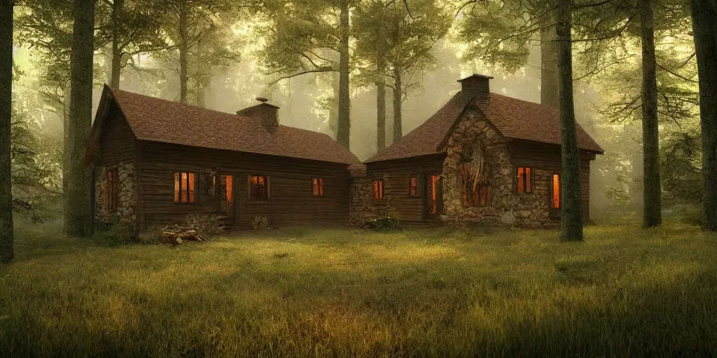 Image similar to a cottage in the woods and empty woods, 8k, fantasy, hyper realistic, dramatic lighting, cinematic