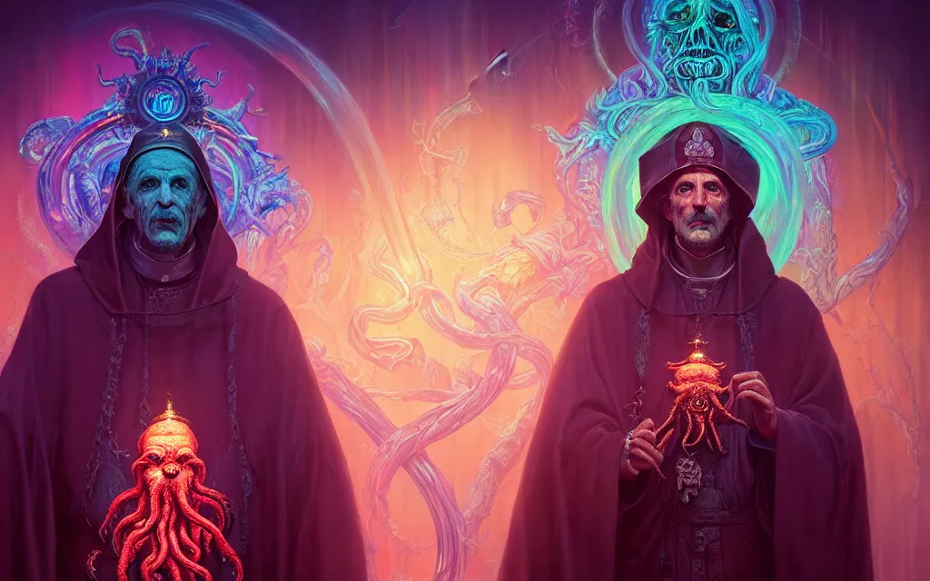 Prompt: uhd hyperrealistic photorealisitc hyperdetailed detailed pope priest necromancer in front of a cthulhu, neon colors, fractal crystal, fantasy beauty portrait by tom bagshaw, tooth wu, wlop, james jean, victo ngai, beautifully lit, highly detailed, artstation, fantasy art by craig mullins, thomas kinkade