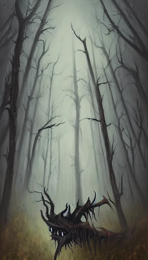 Prompt: a storm vortex made of many demonic eyes and teeth over a forest, by emilia wilk