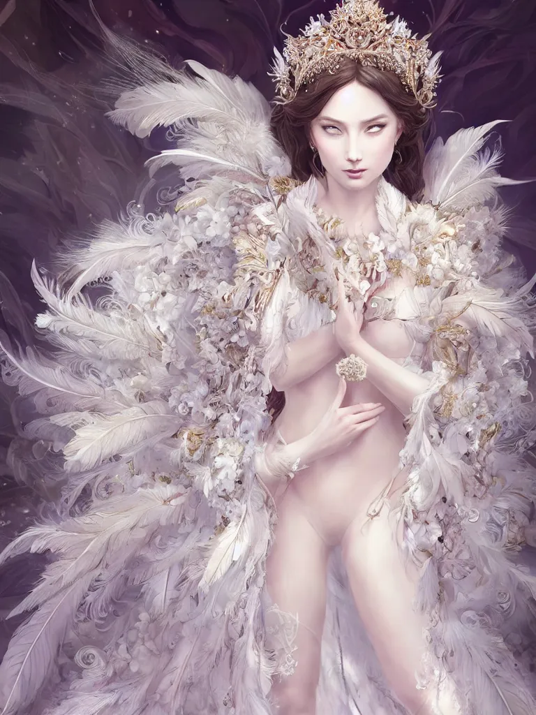 Prompt: ((A beautiful fantasy empress)), highly detailed full body, beautiful eyes, detailed intricate white flower tiara, feathers, ((wearing aristocrat robe)), silk, leaves, highly detailed figure, fractal crystal, epic composition, ultra wide-shot, dynamic pose, concept art, beautifully lit, digital painting, smooth, desaturated color theme, character design, sharp focus, elegant, intricate, post processing, artstation, by WLOP, James Jean, Victo Ngai, ryohei hase