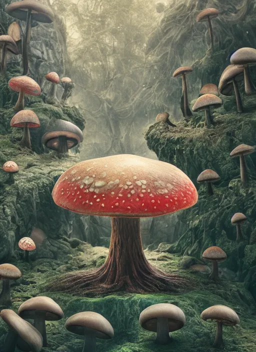 Image similar to wide - angle shot of mushroom temple, depth of field, zeiss lens, detailed, symmetrical, centered, fashion photoshoot, by nicoletta ceccoli, mark ryden, lostfish, earl nore, hyung tae, frank frazetta, breathtaking, 8 k resolution, extremely detailed, beautiful, establishing shot, artistic, hyperrealistic, octane render