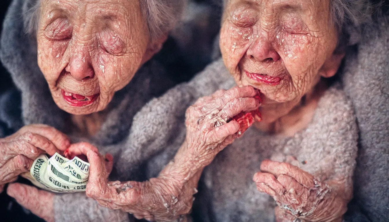 Prompt: close up portrait of a solitary old underweight lady is crying because she is so cold, burning money floats in the air, hyper realistic photo, full colour, kodak porta 4 0 0, upscale, 8 k, masterpiece,