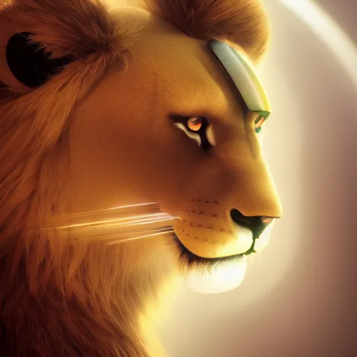 Image similar to dream very very beautiful furry art, bust profile picture of a robotic anthro lion, visor screen for face, snout under visor, commission on furaffinity, cgsociety, octane render