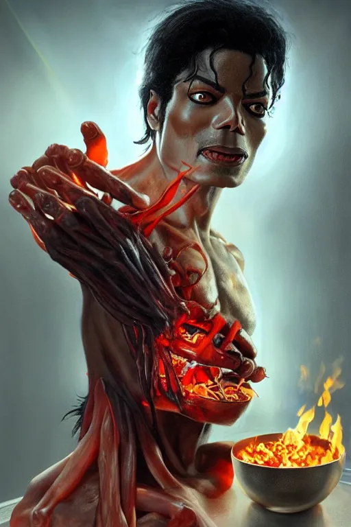 Prompt: michael jackson cooking a bbq as a demon, anatomy, bathed in light, highly detailed, photorealistic, artstation, smooth, sharp focus, illustration, unreal engine 5, 8 k, art by artgerm and greg rutkowski and edgar maxence