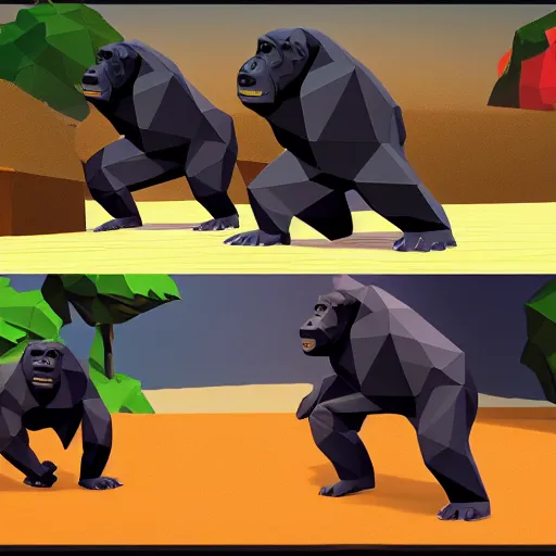 Image similar to gorillas without legs playing a game of tag in low poly video game. one of them has a lava texture