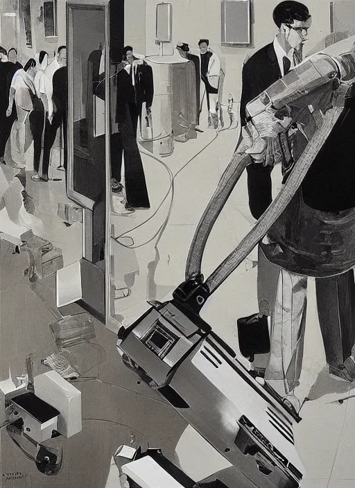 Prompt: a giant walking computer monitor vacuuming up art, an ultrafine detailed painting by austin briggs, cg society, american scene painting, dystopian art, american realism, academic art, movie poster, poster design,
