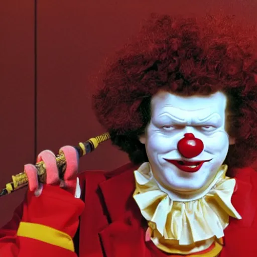 Image similar to ronald mcdonald putting the lotion on its skin or else it gets the hose again, terror, fantasy realism, high quality, sharp focus, dutch angle