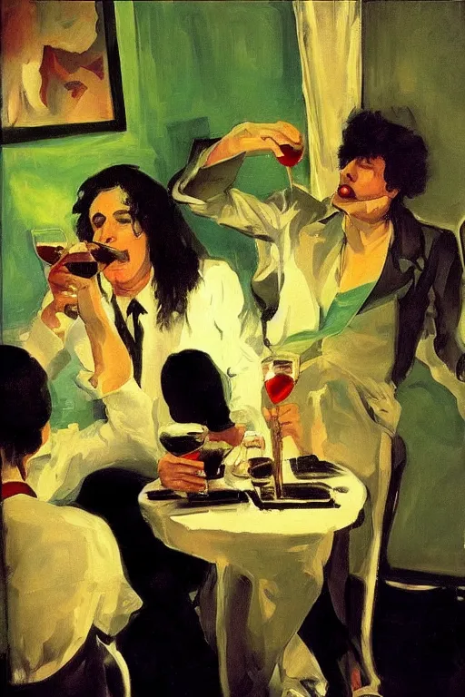 Image similar to glam rockers drinking wine, inside a tiny green room with red lights by joaquin sorolla, bill sienckiwicz, extremely detailed