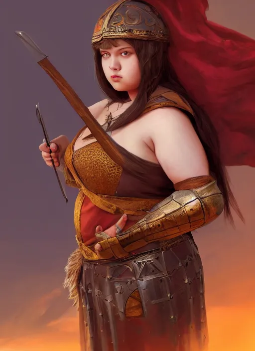 Image similar to hyper realistic photo of medieval chubby beautiful warrior girl, full body, rule of thirds, conceptart, saturated colors, artstation, cgsociety