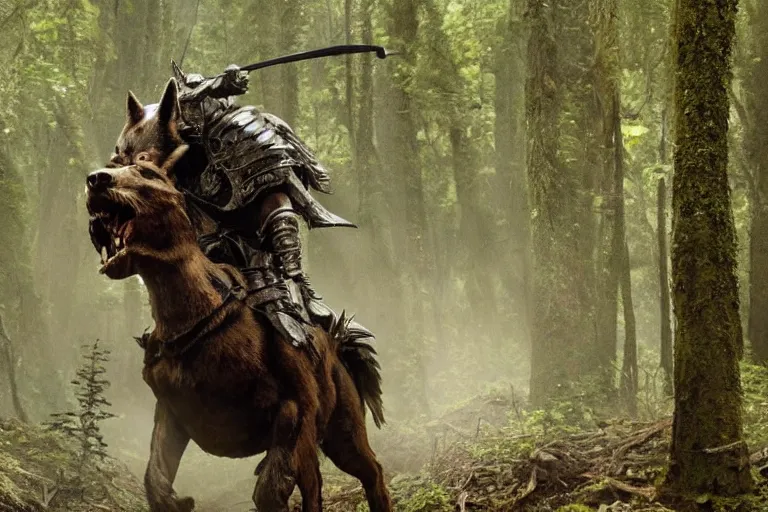 Image similar to vfx movie closeup detailed ancient armored warrior orc hunting riding large wolf in the forest, natural lighting by emmanuel lubezki