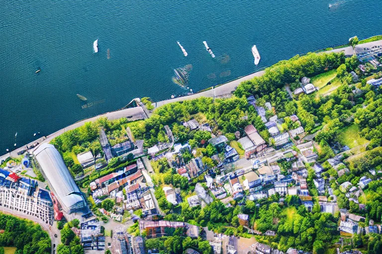 Image similar to bird's eye view photography of a small city. town hall, central farm, monorail station, beach and shipping dock. hills, woods and pond to the north.