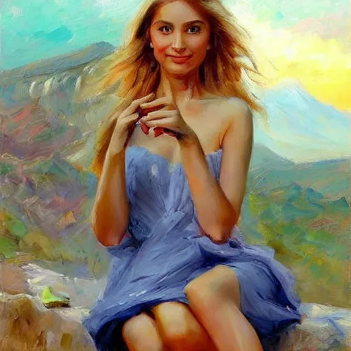 Image similar to painting volegov car blonde woman volcano!!!